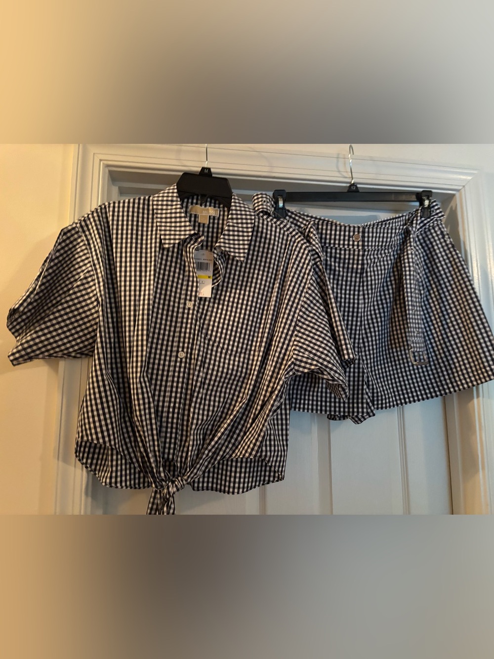 Michael Kors Black and White Gingham Tie-Front Button Down Shirt
